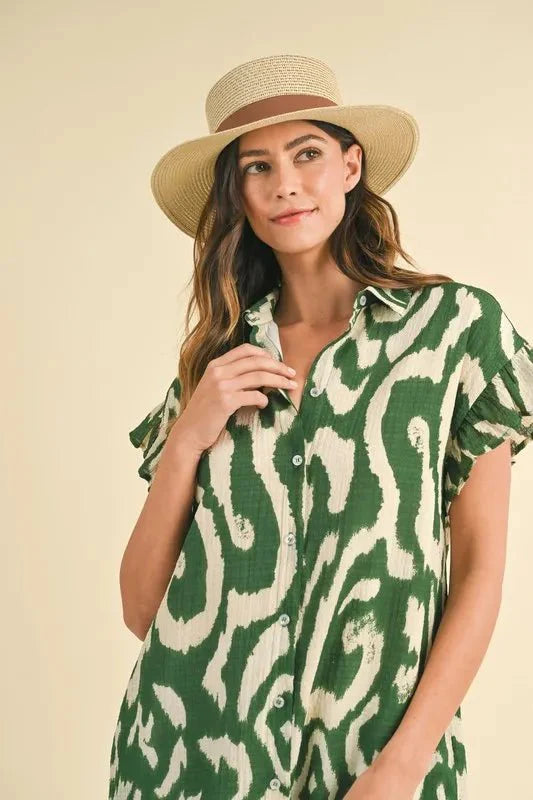 Annie Wear Abstract Printed Frill Sleeve Shirt Mini Dress-3