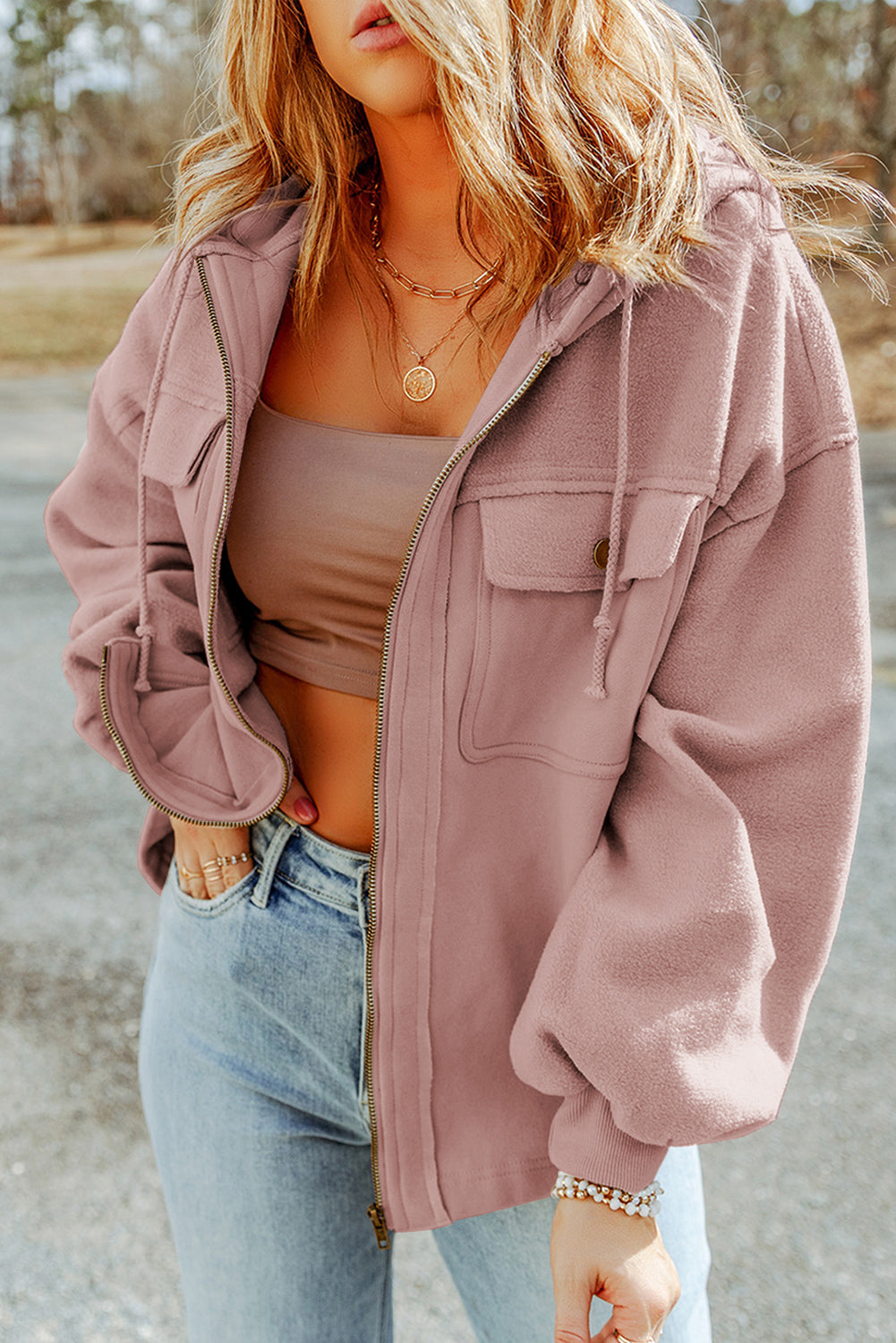 Pink Flap Pocket Hooded Jacket