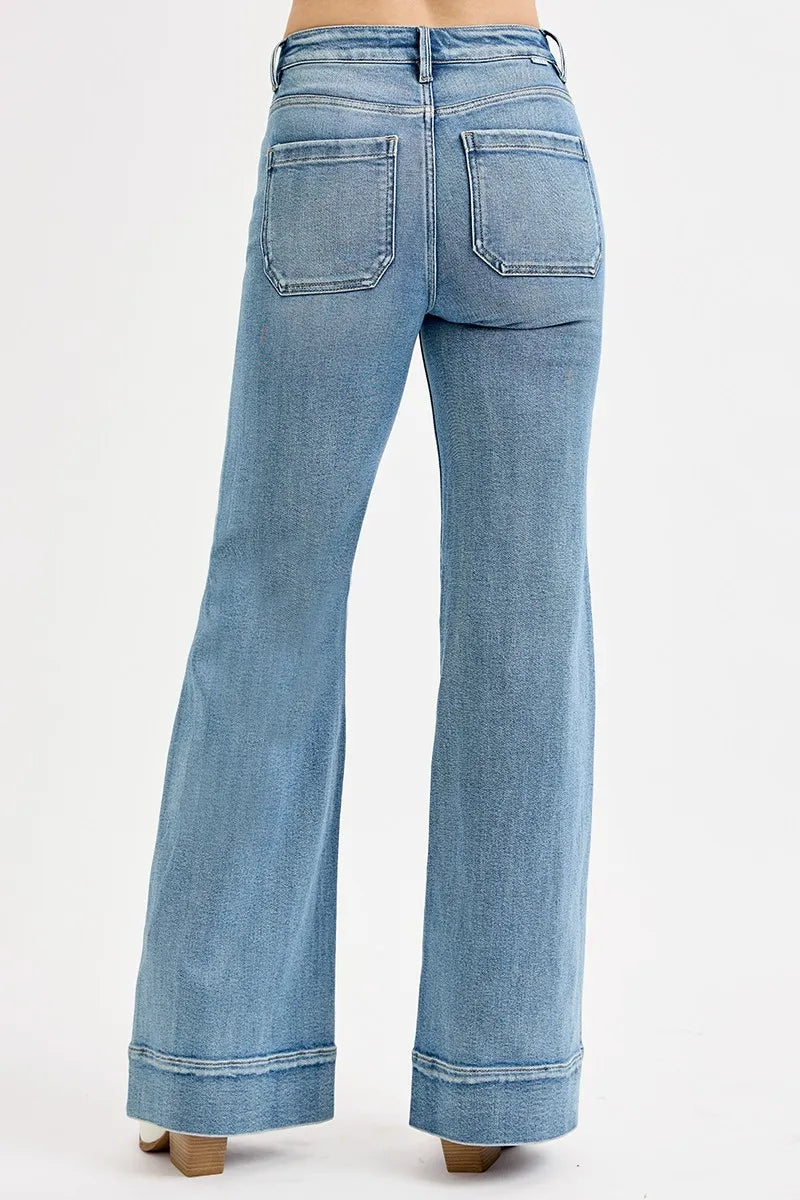 RISEN Full Size High Rise Wide Flare Patch Pocket Jeans Plus Size-4