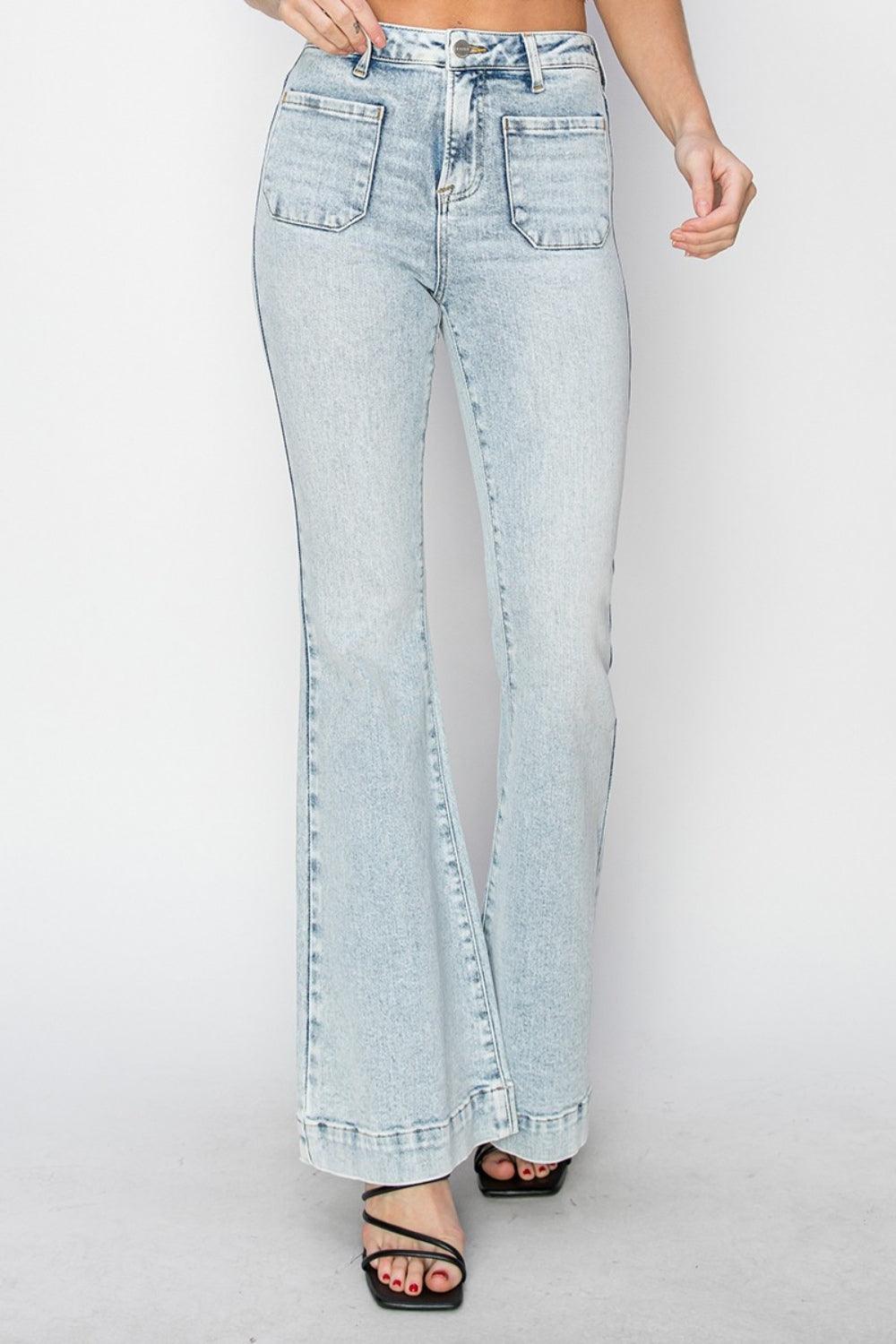 Risen Full Size High Rise Front Patch Pocket Flare Jeans-3
