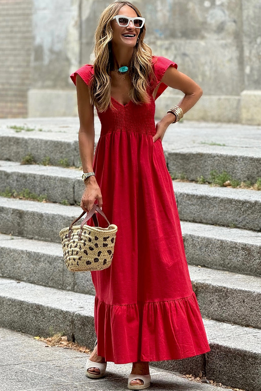 Flutter Sleeve Smocked Maxi Dress