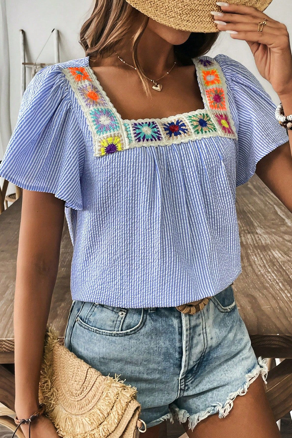 Crochet Trimmed Striped Blouse