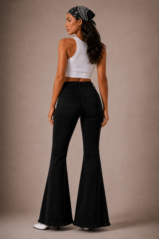 Midnight Stardust Jean (30" 32" 34") - High Rise Flair Raw Hem by GJG Denim