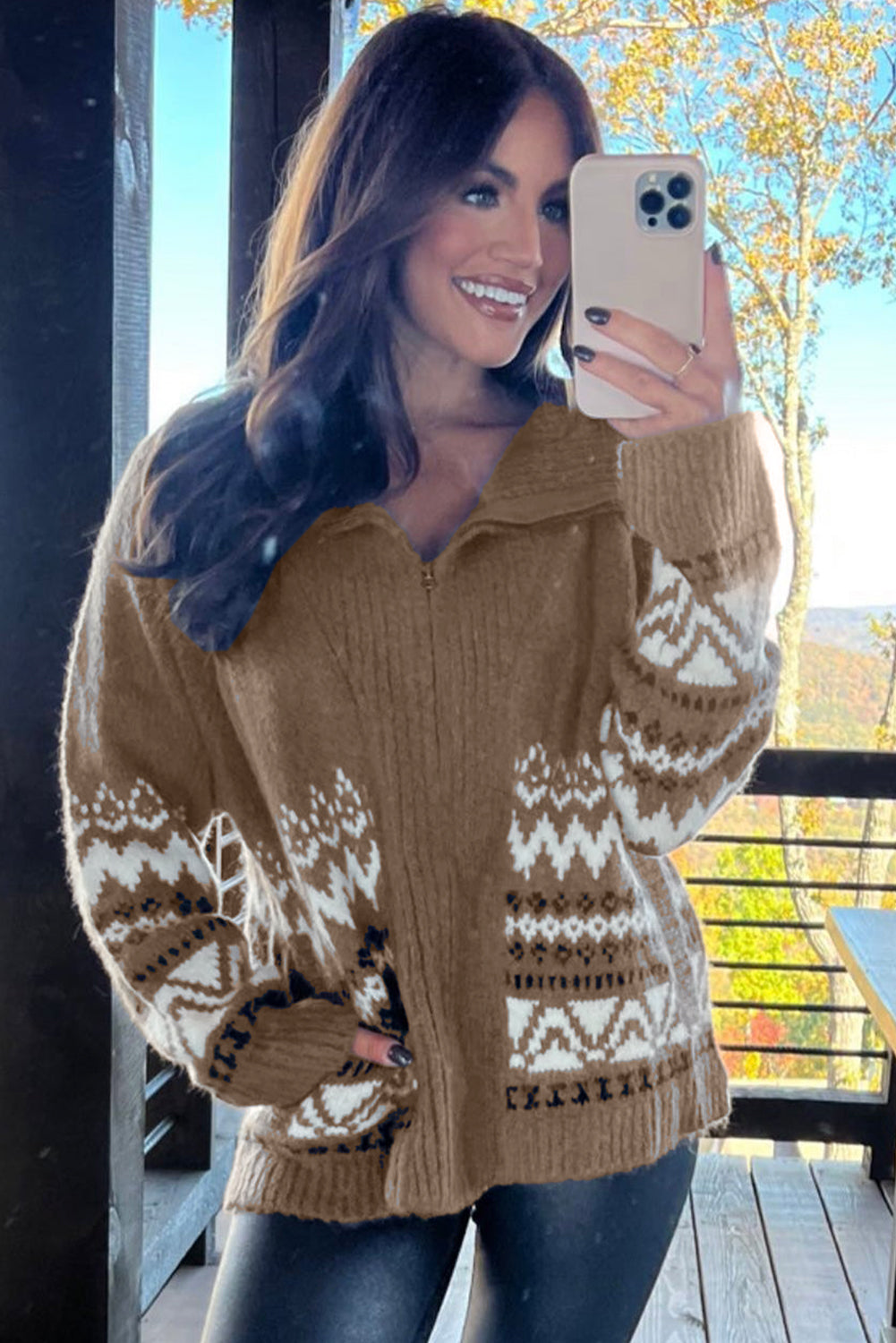 Printed Collared Zip Up Cardigan