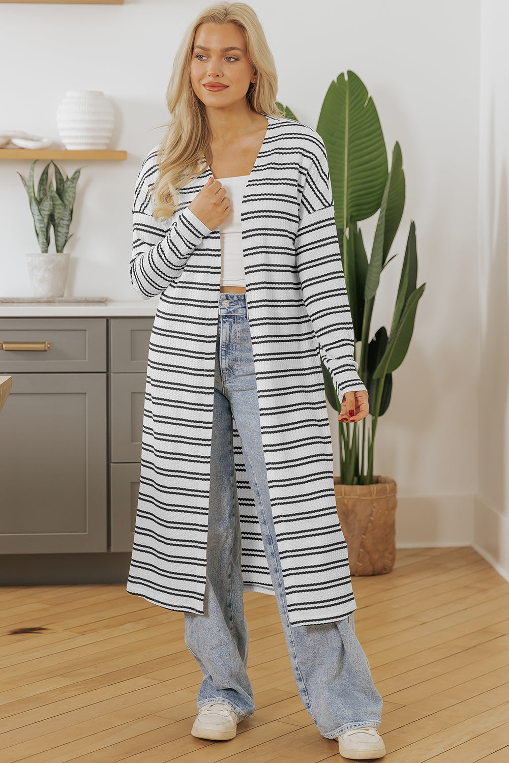 Striped Waffle Weave Duster Cardigan