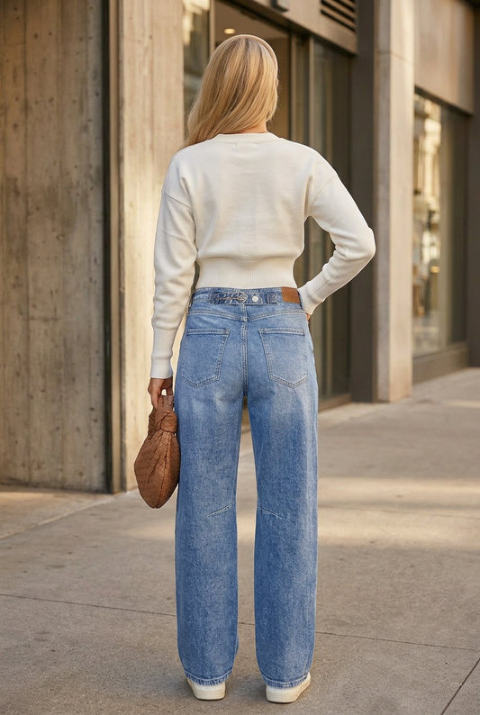 Sloane Adjustable Strap High Rise Barrel Jeans by Artemis Vintage