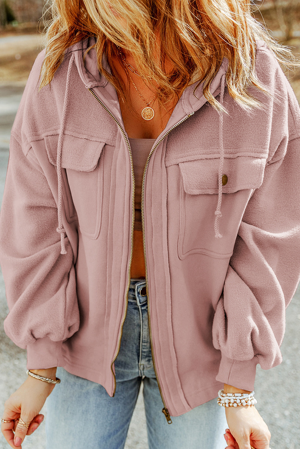 Pink Flap Pocket Hooded Jacket