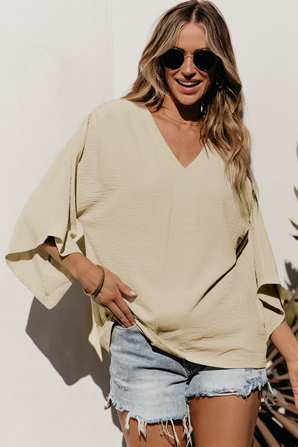 Wide Sleeve Crinkled Blouse