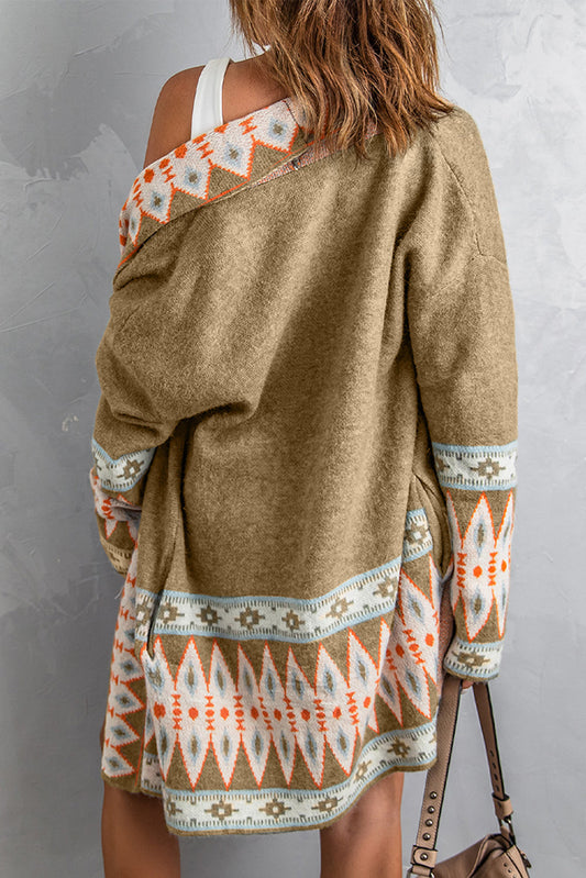 Aztec Knitted Cardigan in brown and khaki