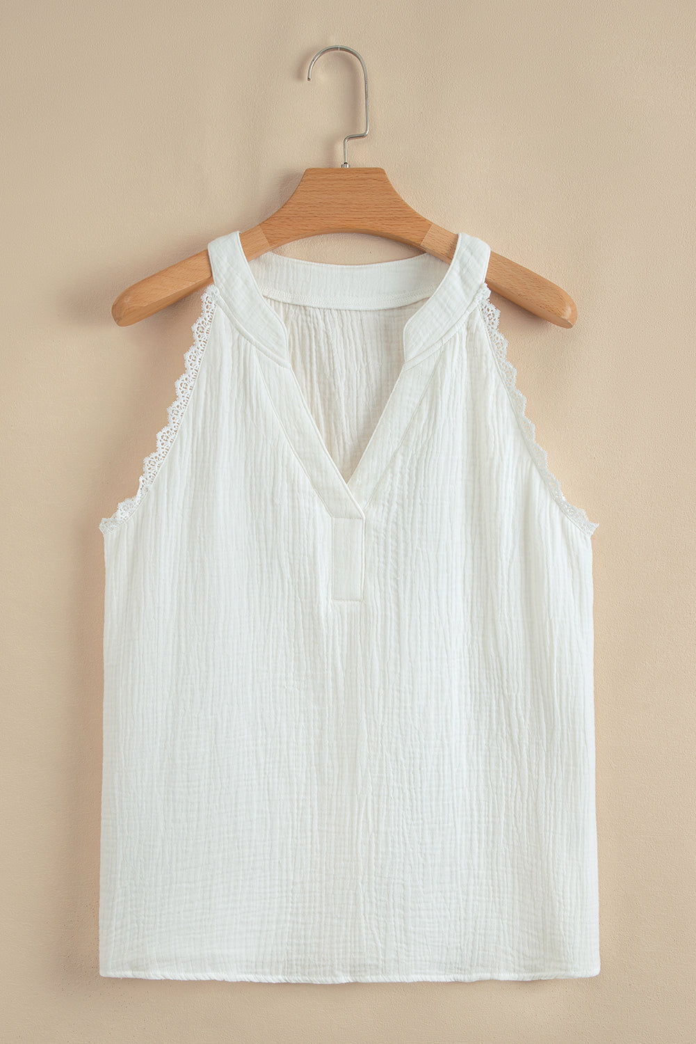 White Textured Lace Trim Tank Top