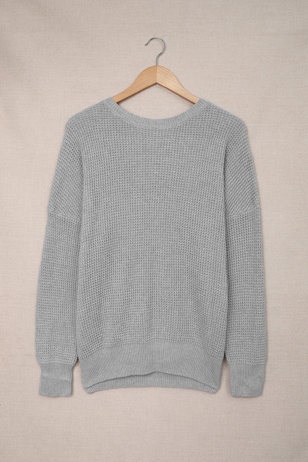 Gray Cross Back Waffle Weave Sweater