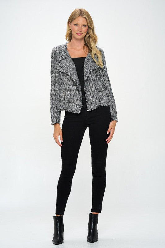Open Front Blazer Cardigan with Frayed Hem