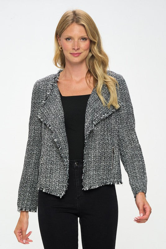 Open Front Blazer Cardigan with Frayed Hem