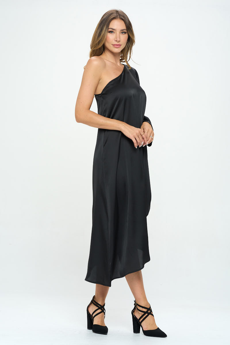 Satin Oversize One Shoulder Asymmetrical Dress-3
