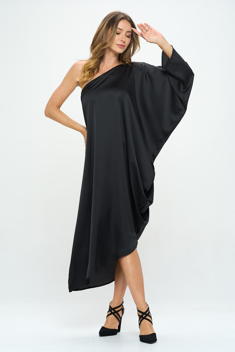 Satin Oversize One Shoulder Asymmetrical Dress-2