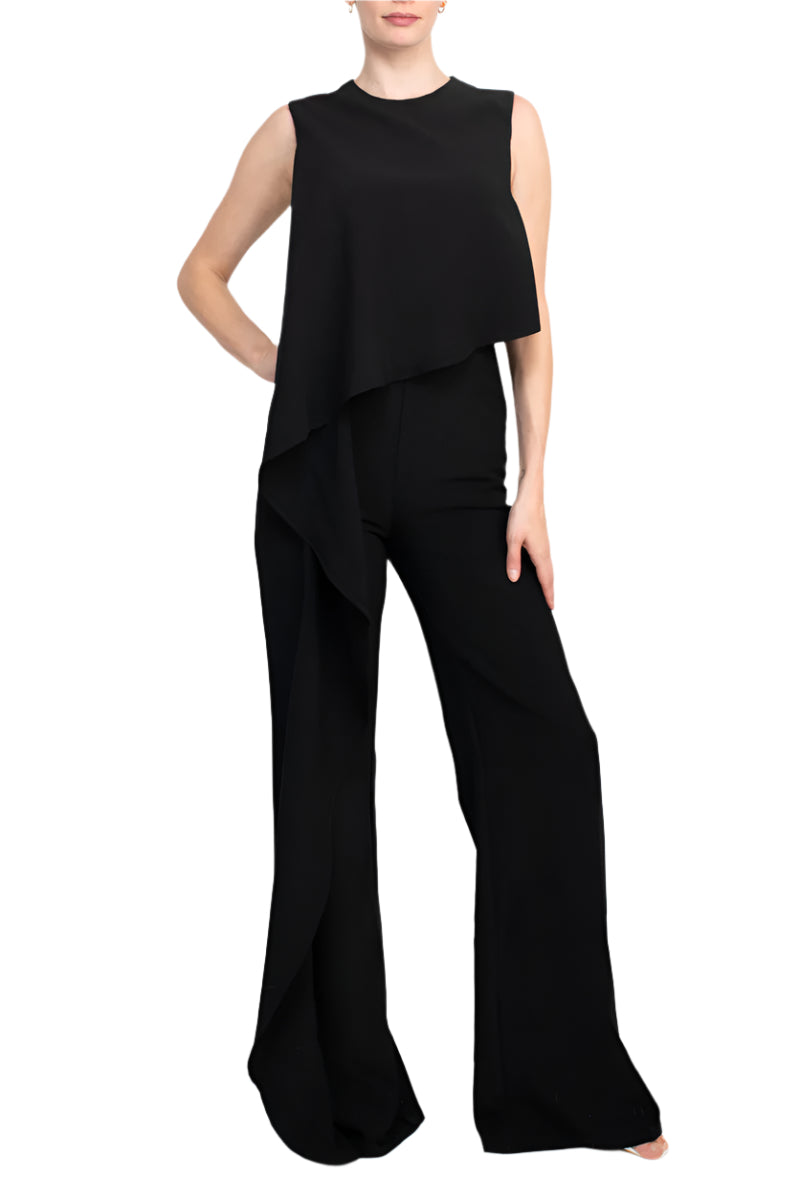 Jovani Ruffle trim sleeveless high waist one-piece scoop neck crepe jumpsuit-1