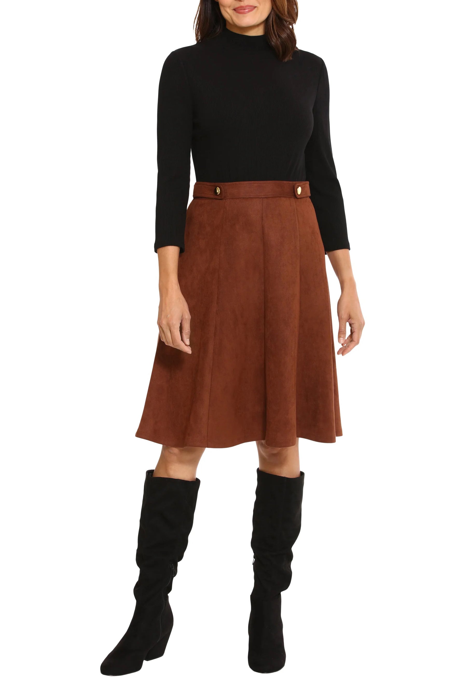 London Times high neck 3/4 sleeve ribbed top gold button detail suede skirt-1