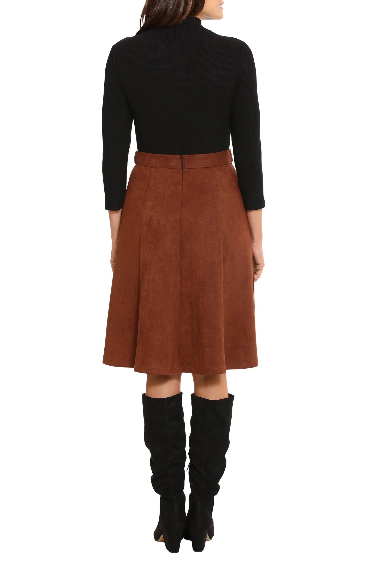 London Times high neck 3/4 sleeve ribbed top gold button detail suede skirt-3