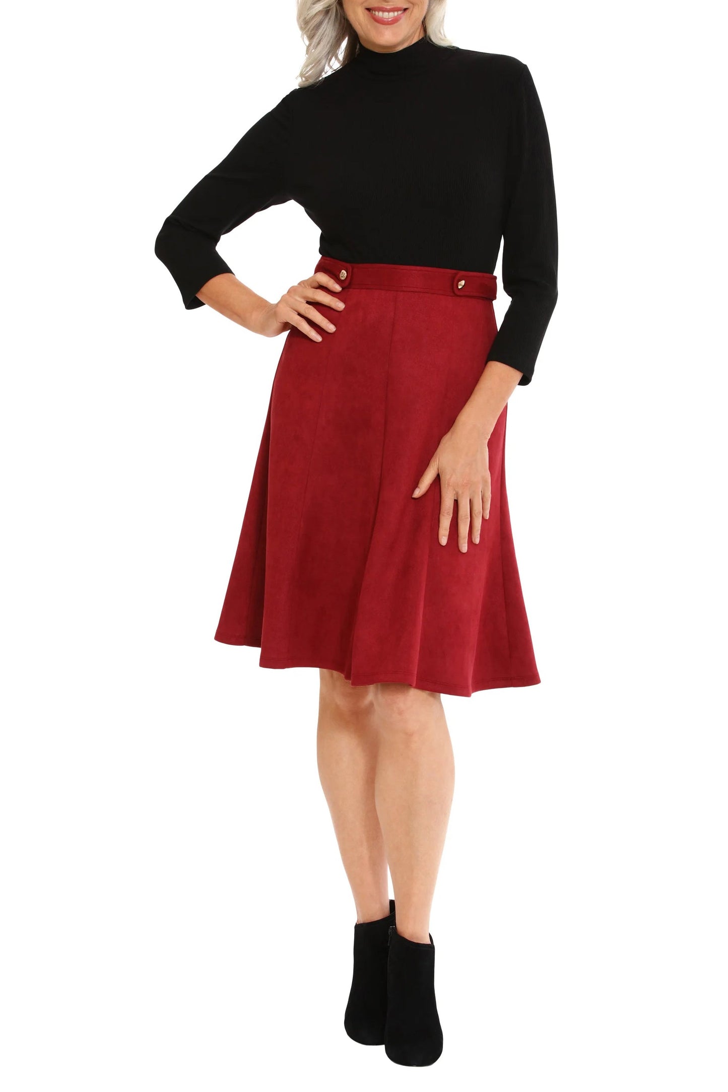 London Times high neck 3/4 sleeve ribbed top gold button detail suede skirt-2