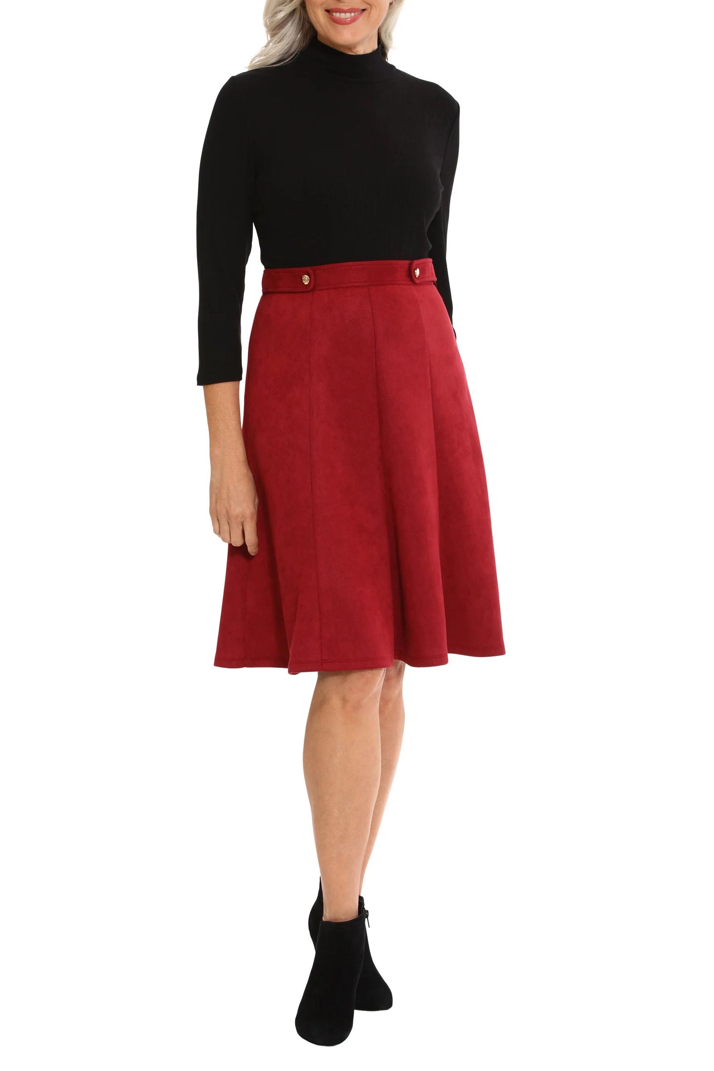 London Times high neck 3/4 sleeve ribbed top gold button detail suede skirt-4