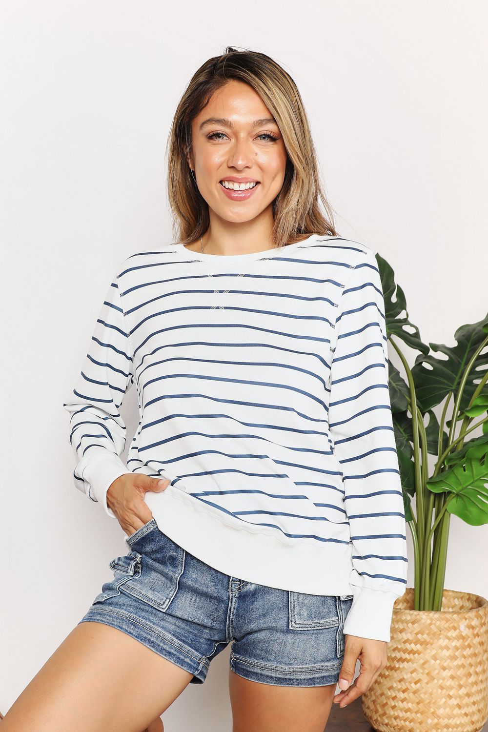 Double Take Striped Crewneck Sweatshirt