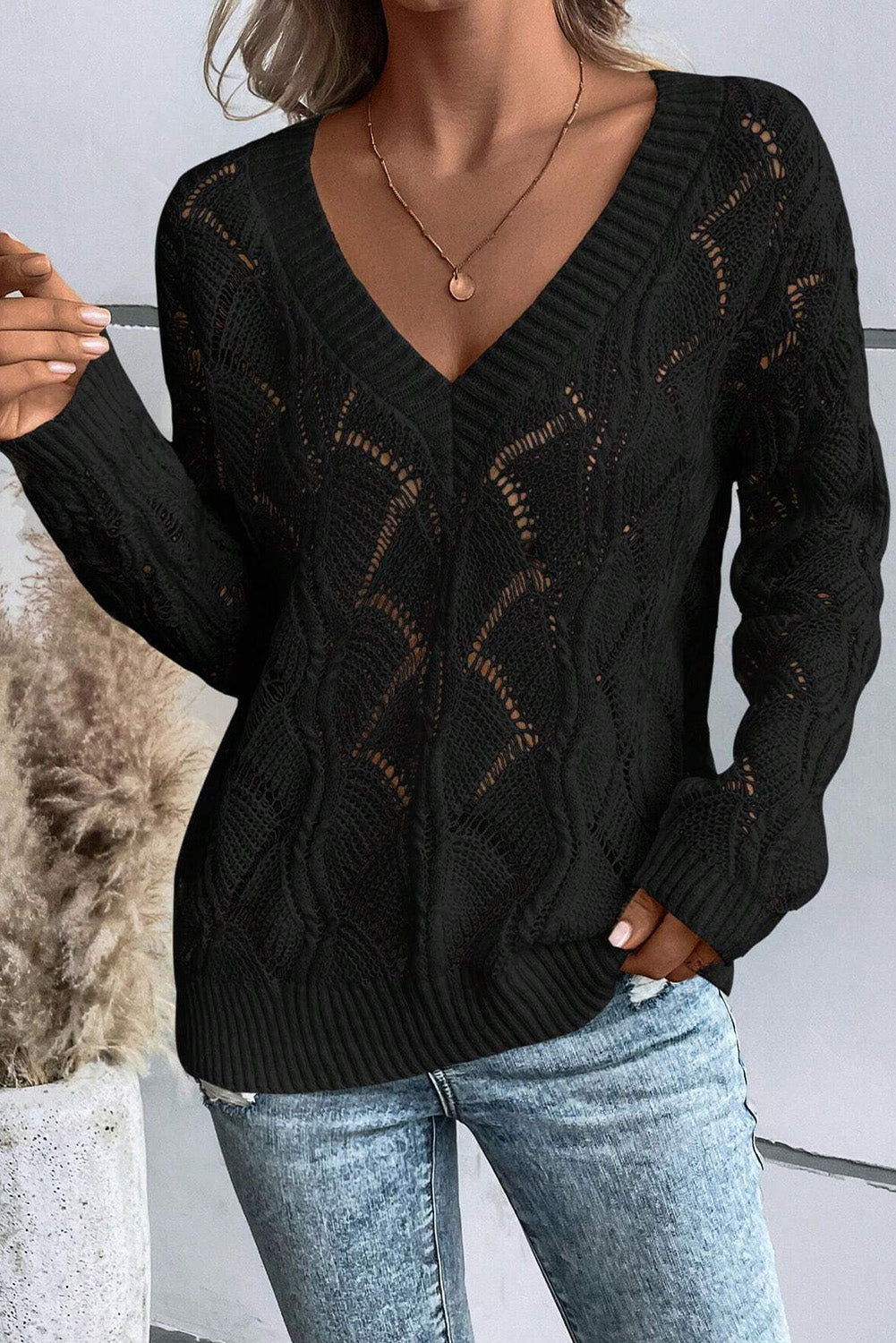 Hollowed Out Knit Drop Shoulder Sweater