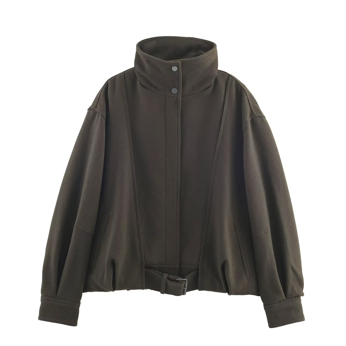 Women's Jacket Dark Olive Wool Blend BYMANYC ® New York SOHO BELTED HIGH COLLAR BOMBER - New Collection-1