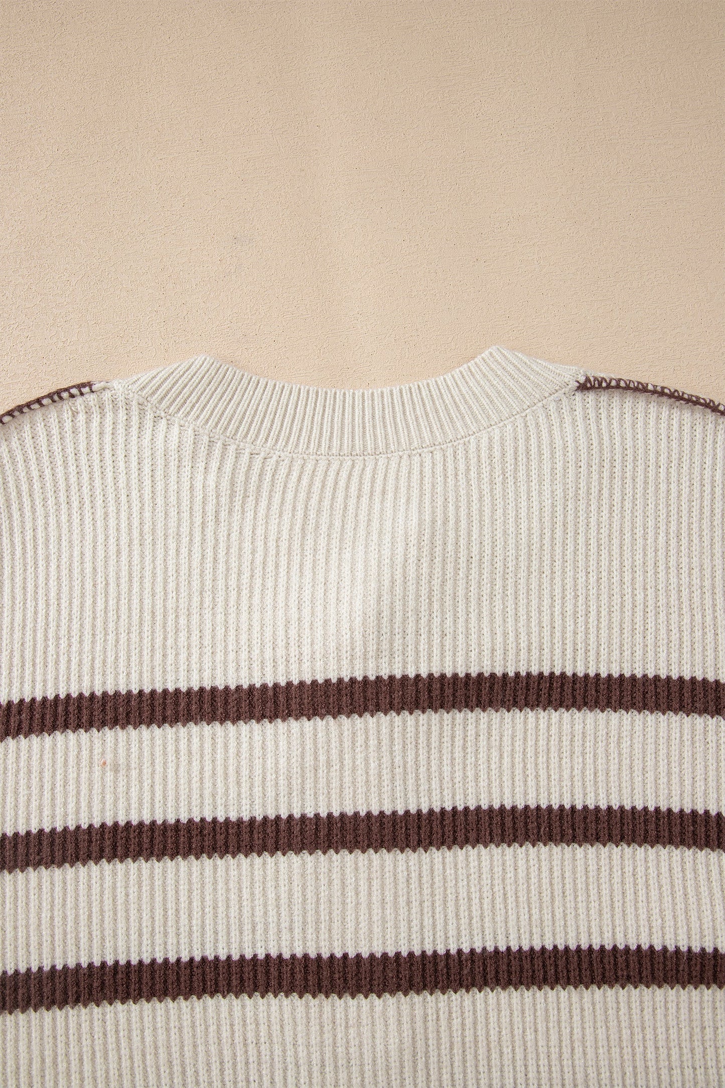 Brown Stripe Ribbed Henley Slouchy Sweater