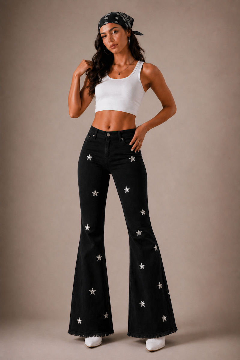 Midnight Stardust Jean (30" 32" 34") - High Rise Flair Raw Hem by GJG Denim