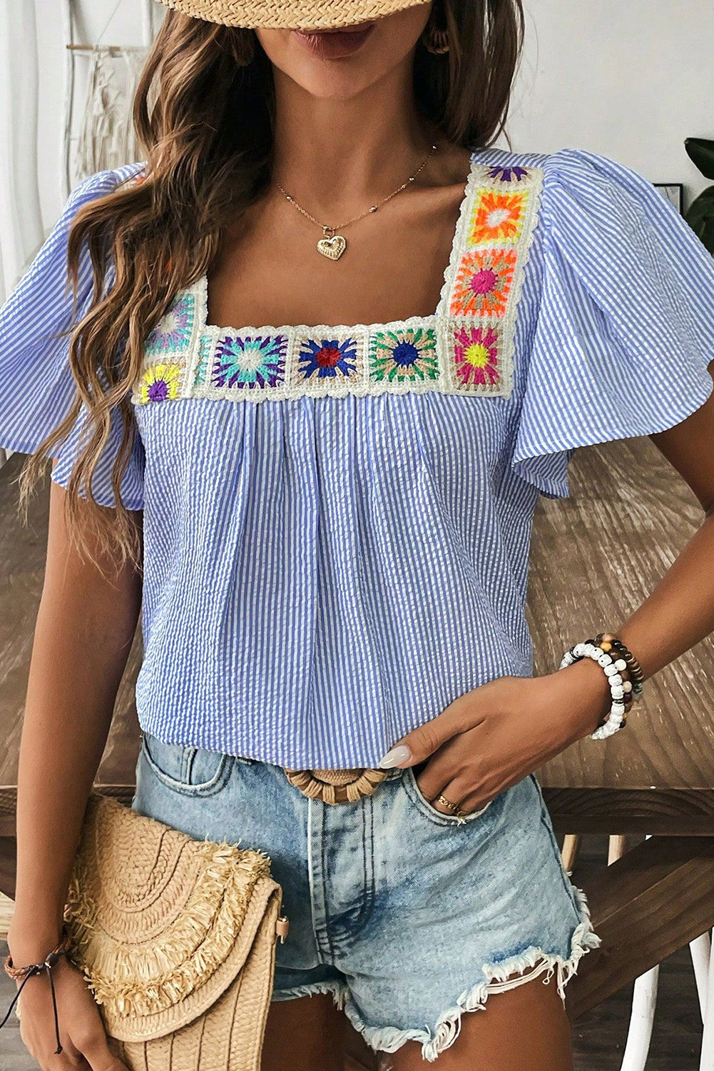 Crochet Trimmed Striped Blouse
