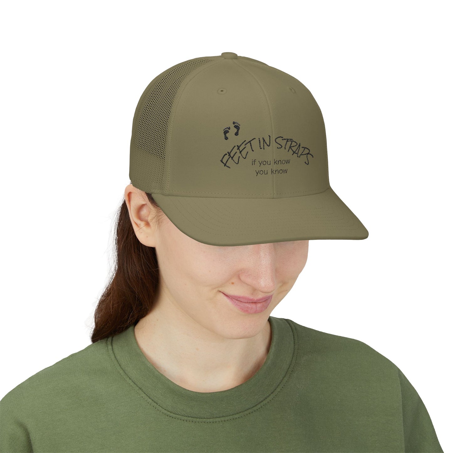 Feet in Straps Embroidered Snapback Trucker Cap - black font in multiple colors