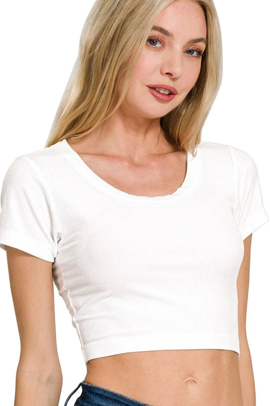 Zenana Ribbed Scoop Neck Crop Short Sleeve Top-0