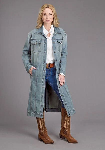 Stetson Stretch Maxi Length Denim Jacket in light wash