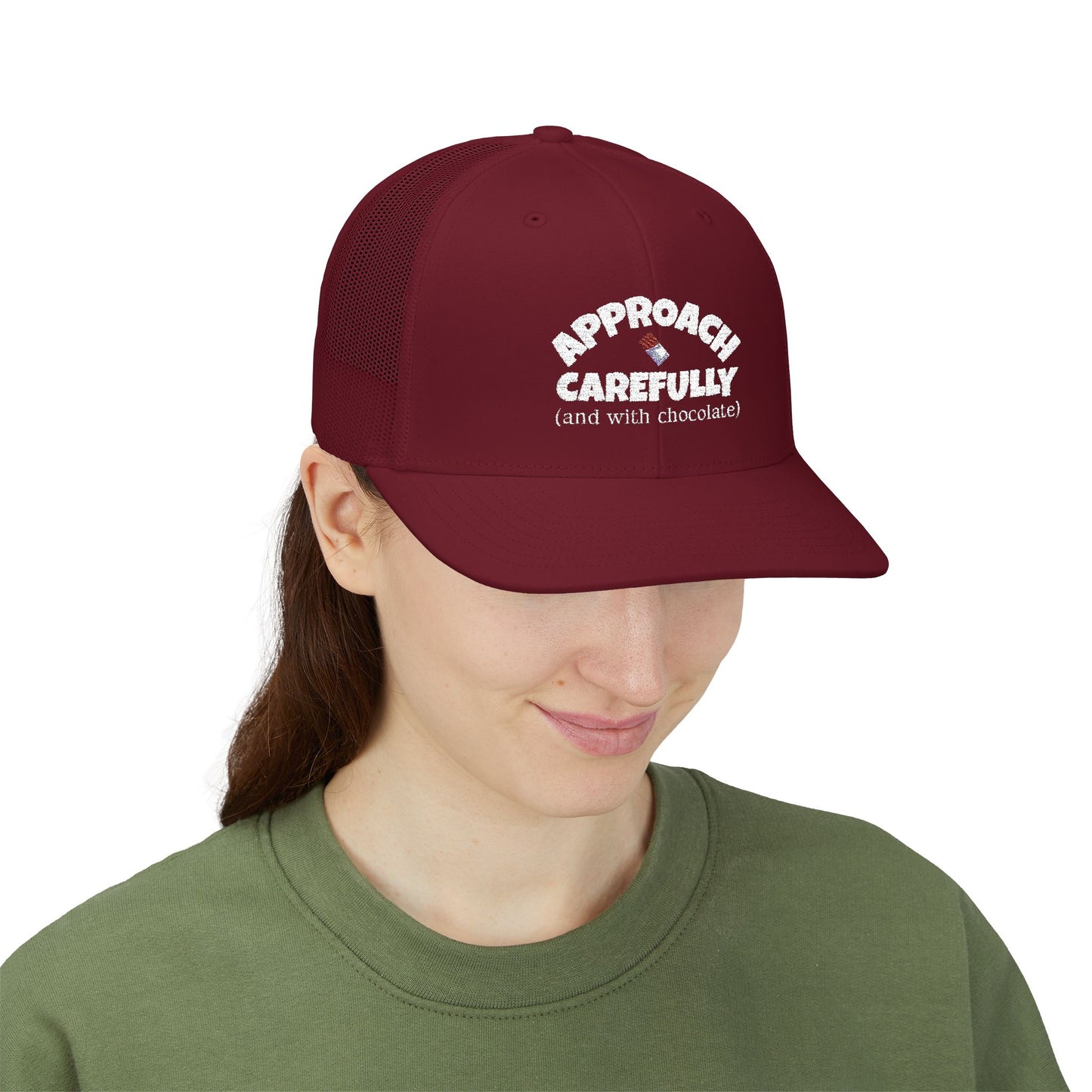 Approach with Chocolate Embroidered Snapback Trucker Cap - white font in multiple colors