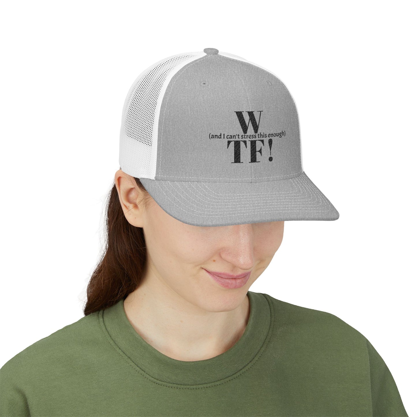 WTF Embroidered Snapback Trucker Cap - black font in multiple colors