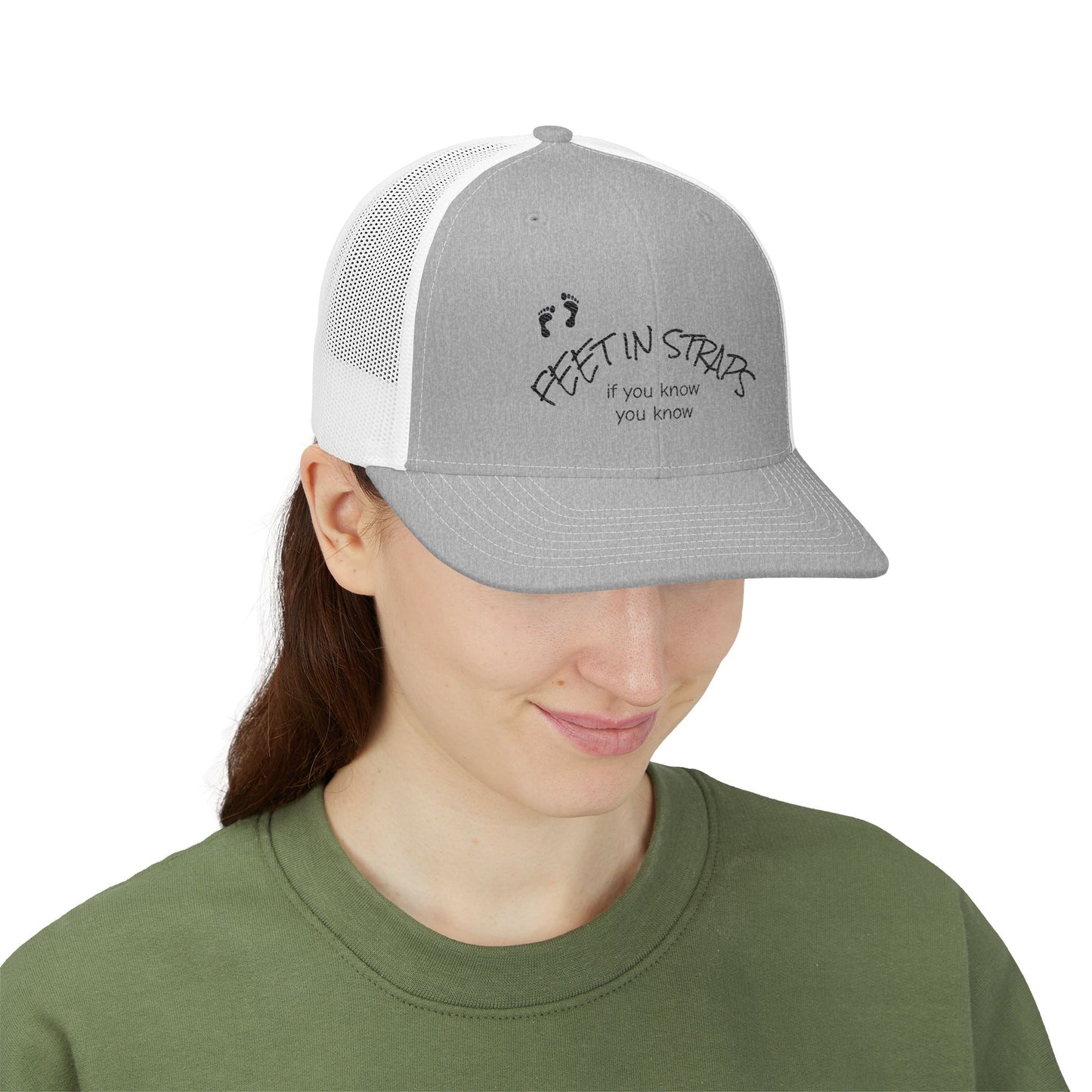 Feet in Straps Embroidered Snapback Trucker Cap - black font in multiple colors