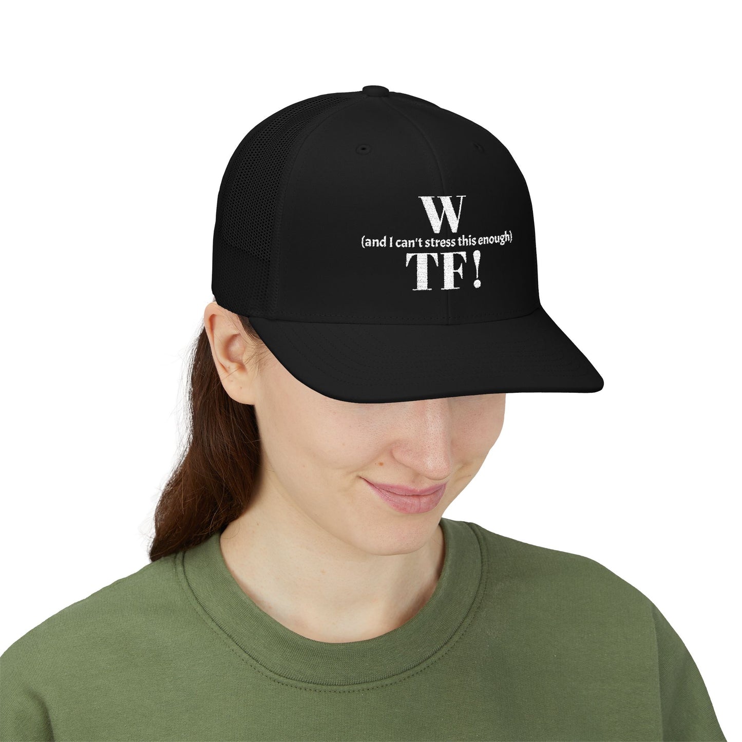 WTF Embroidered Snapback Trucker Cap - white font in multiple colors