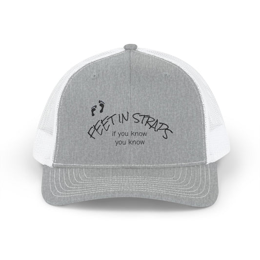Feet in Straps Embroidered Snapback Trucker Cap - black font in multiple colors