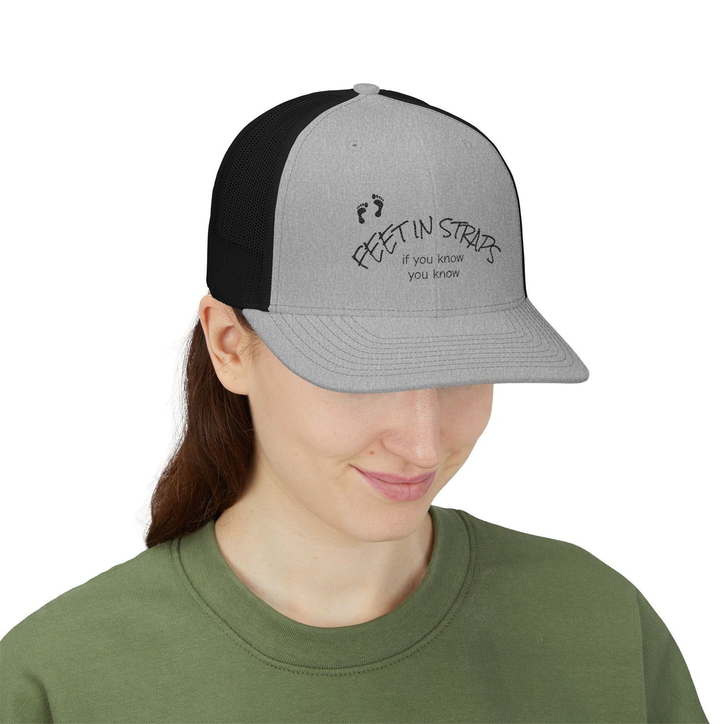 Feet in Straps Embroidered Snapback Trucker Cap - black font in multiple colors