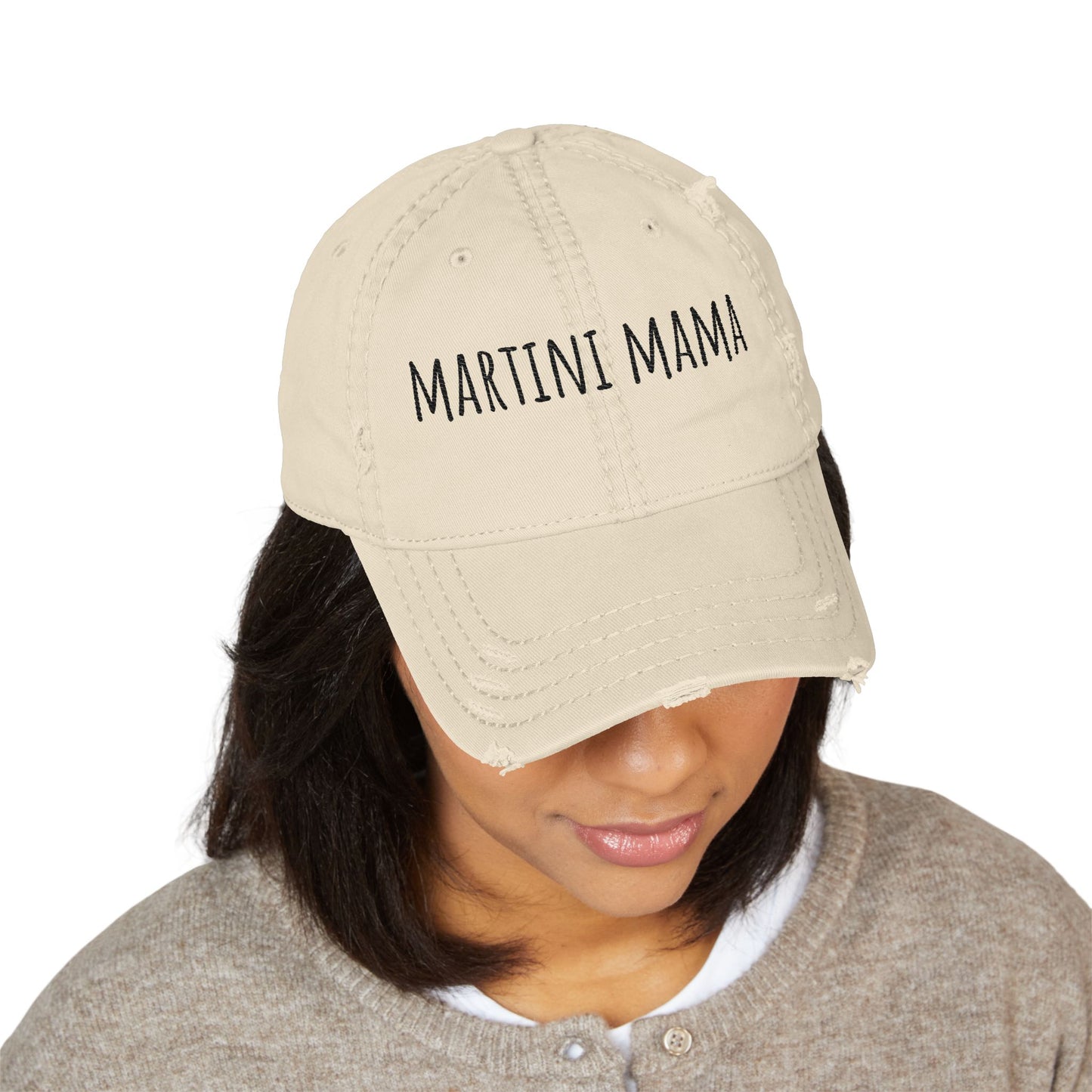 Martini Mama Distressed Embroidered Cap - black font