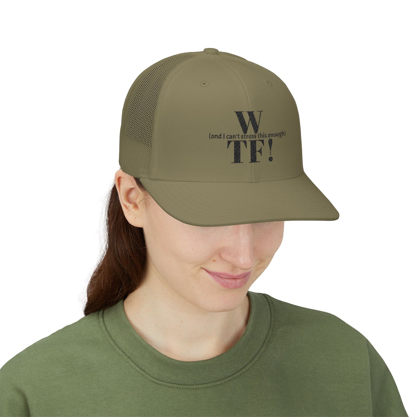WTF Embroidered Snapback Trucker Cap - black font in multiple colors
