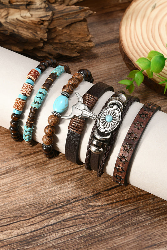 6 Piece Western Bull Skull Turquoise Bracelets