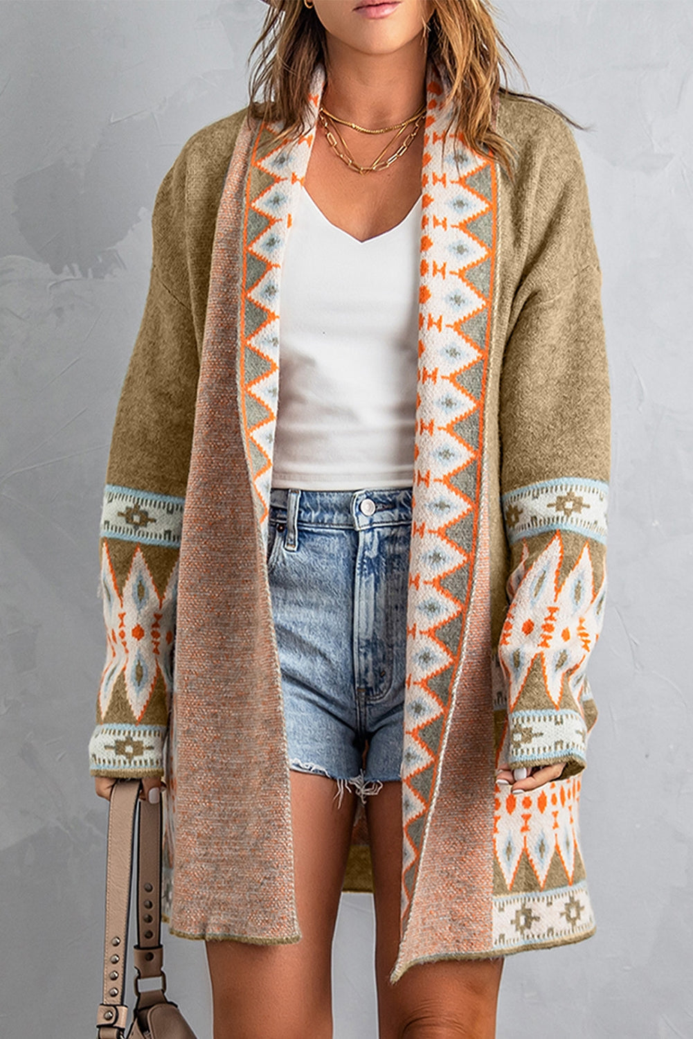 Aztec Knitted Cardigan in brown and khaki