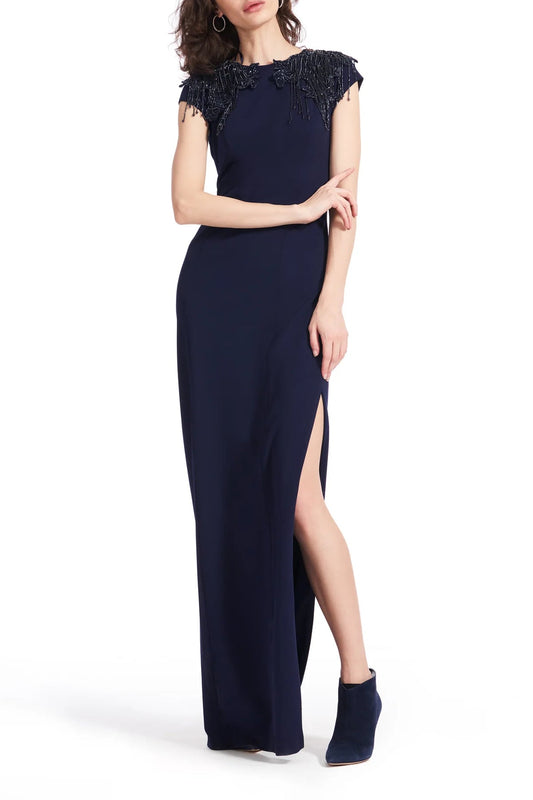 Emily Shalant Crew Neck Short Beaded Fringed Sleeves Back Zipper Side Open Slit Gown-0