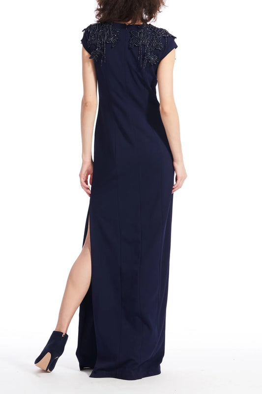 Emily Shalant Crew Neck Short Beaded Fringed Sleeves Back Zipper Side Open Slit Gown-1