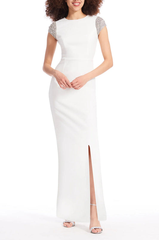 Emily Shalant Crew Neck Short Crystal Cap Sleeves Back Zipper Long Dress-0