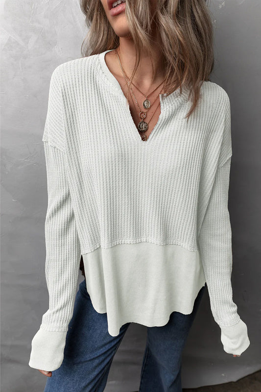 Waffle-Knit Exposed Seam Long Sleeve Top