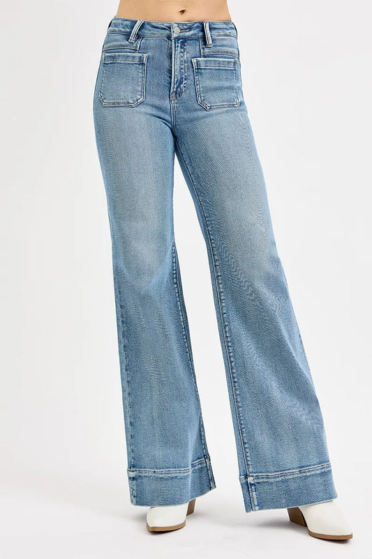 RISEN Full Size High Rise Wide Flare Patch Pocket Jeans Plus Size-0