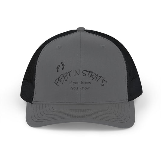 Feet in Straps Embroidered Snapback Trucker Cap - black font in multiple colors