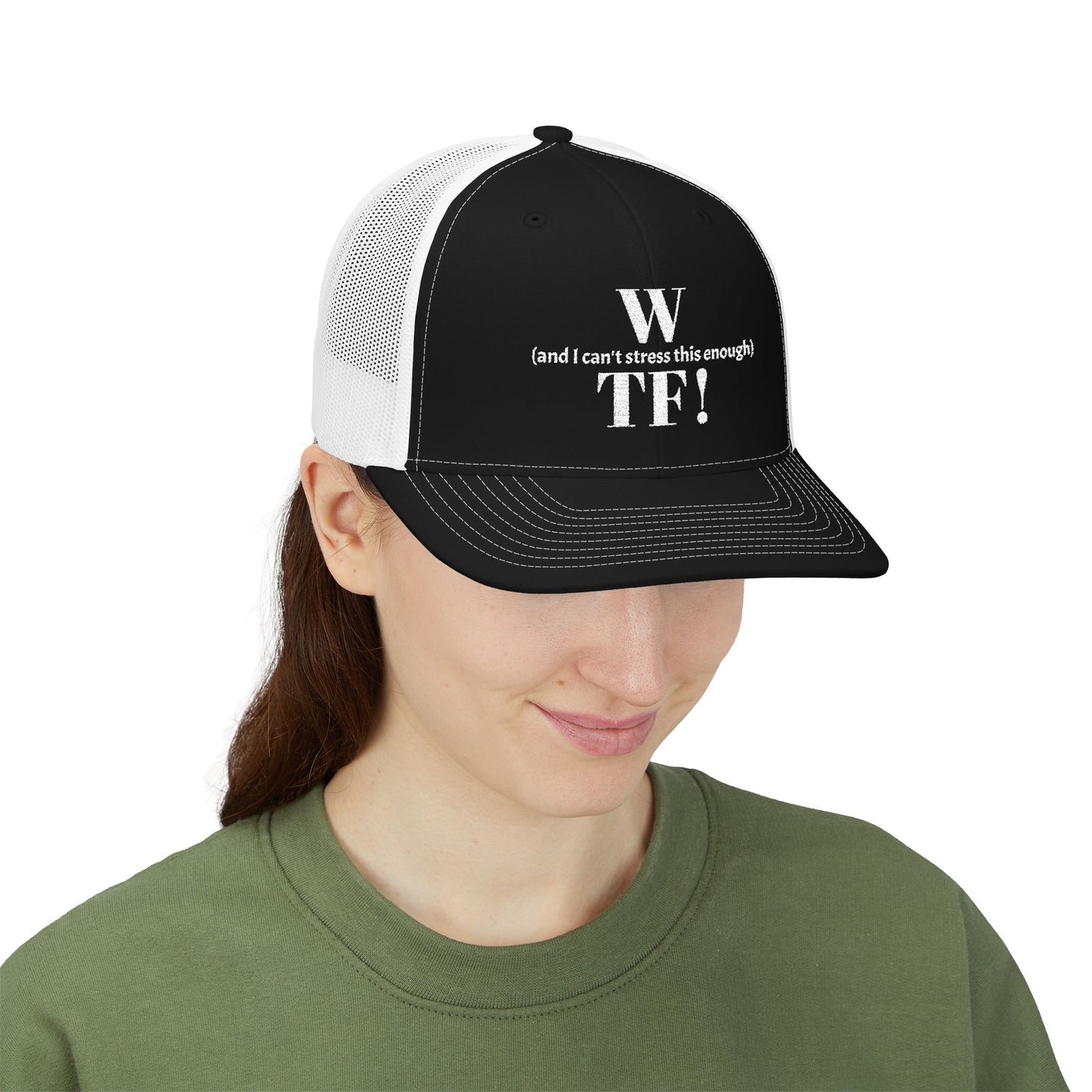 WTF Embroidered Snapback Trucker Cap - white font in multiple colors
